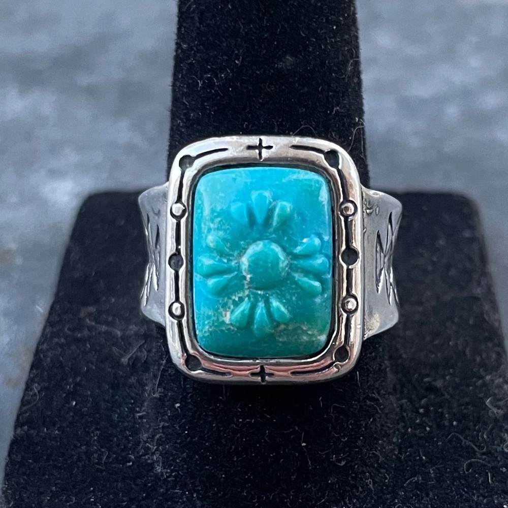 Carolyn Pollack Rectangle Carved Turquoise Sterling Ring w/ flower design Size 8